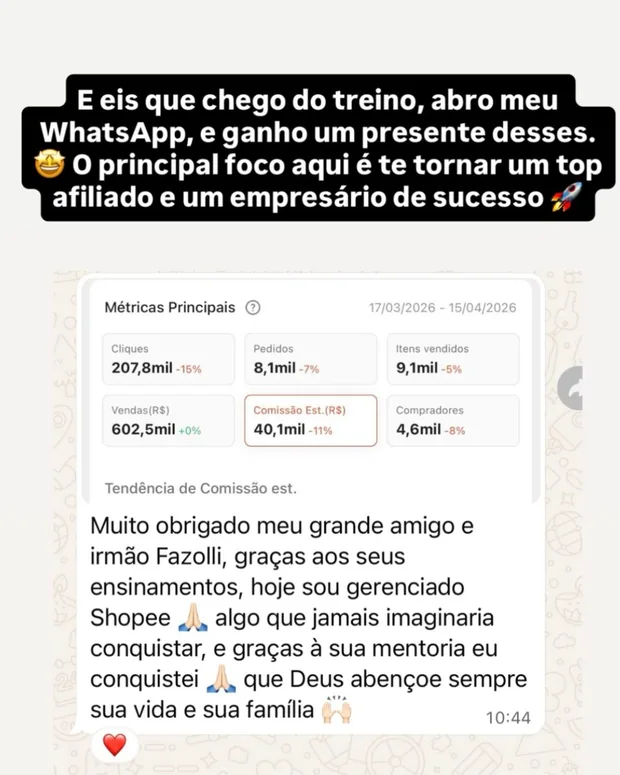 Aluno agradecendo a mentoria — R$40 mil de comissão