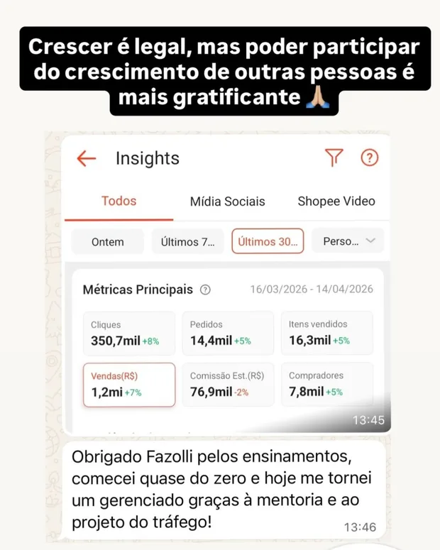 Aluno do zero que virou gerenciado Shopee — R$76,9 mil de comissão